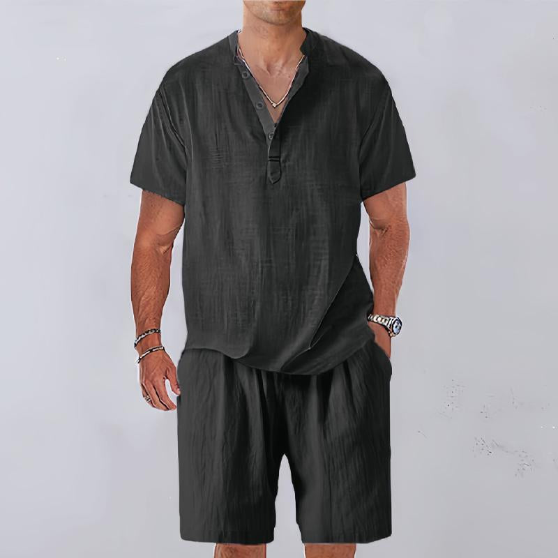 Men's Casual Linen Henley Shirt Stand Collar Short Sleeve Board Shorts Set 06453609X