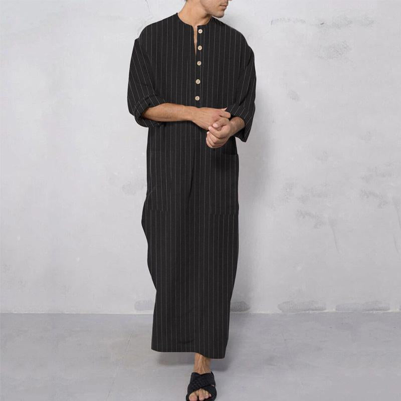 Men's Loose Striped Pocket Long Sleeve Muslim Robe 36483669Y