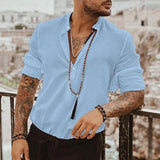 Men's Cotton Henley Shirt Stand Collar Long Sleeve Solid Color Shirt 22600878X
