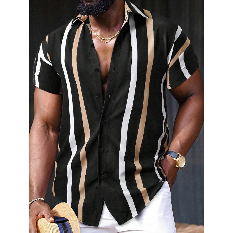 Men's Casual Striped Printed Lapel Short Sleeve Shirt 20632093Y