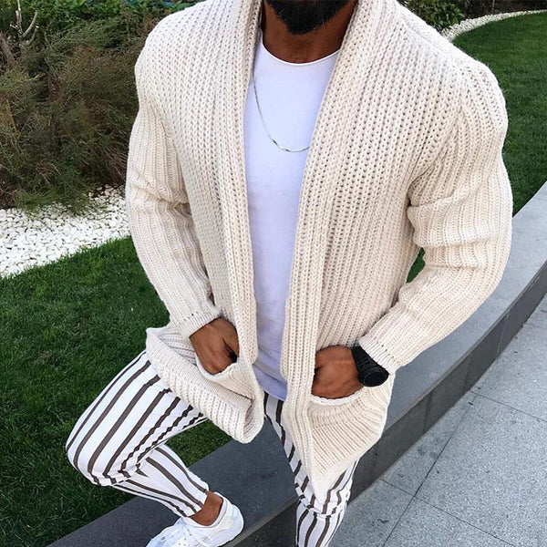 Men's Casual Solid Color Lapel Long Sleeve Lose Knit Cardigan 58081573M