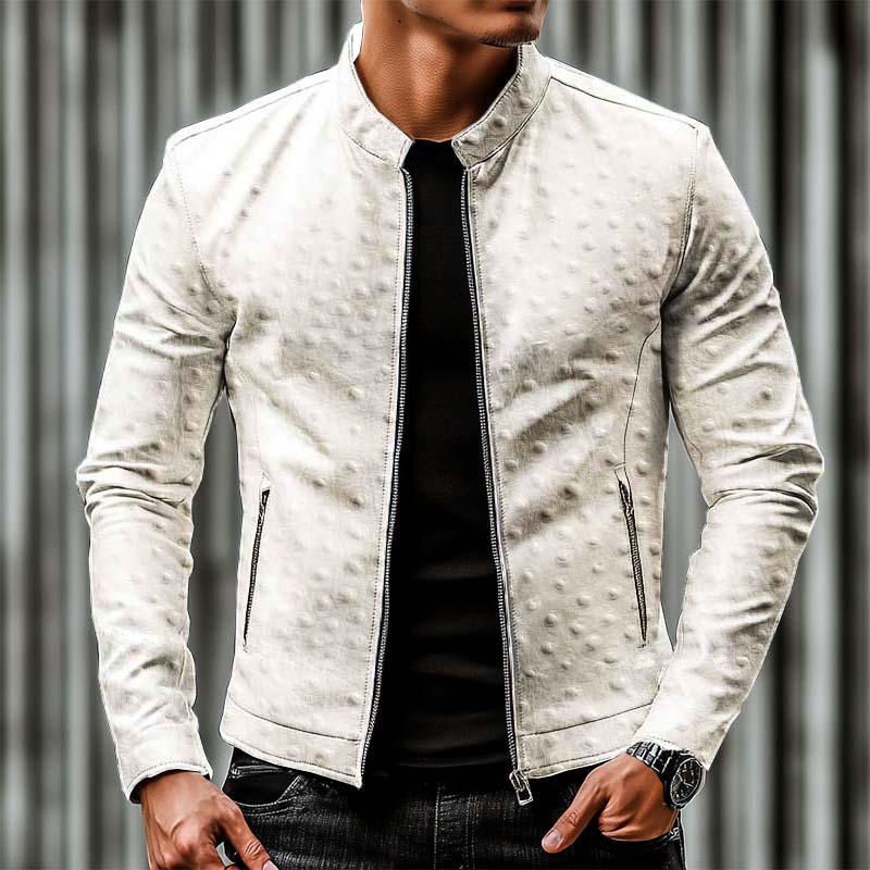 Men's Classic Casual Slim Fit Stand Collar Textured Leather Jacket 77367727K