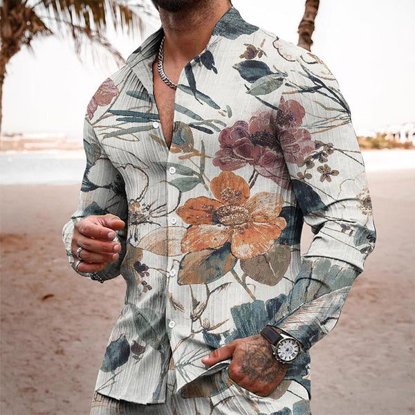 Men's Casual Floral Stand Collar Long Sleeve Shirt 36775612TO