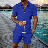 Men's Solid Color Jacquard Fabric Zip Lapel Short Sleeve Polo Shirt Elastic Waist Shorts Sports Casual Set 33833997Z