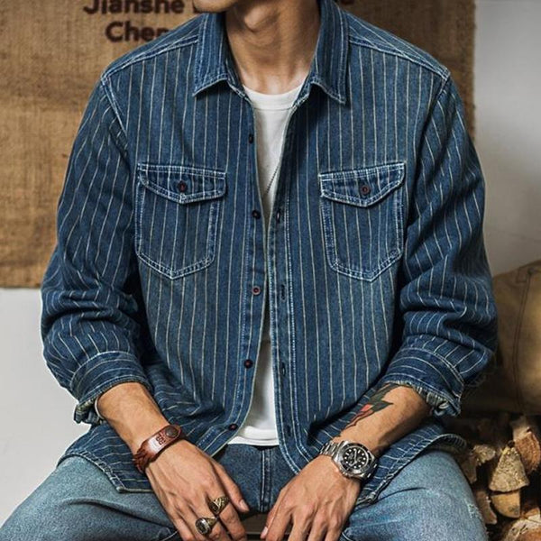 Men's Vintage Denim Long Sleeve Striped Shirt 09569443U