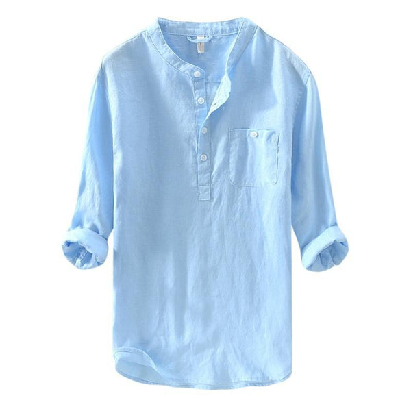Men's Solid Color Cotton Linen Long Sleeve Button Stand Collar Shirt 90957196X