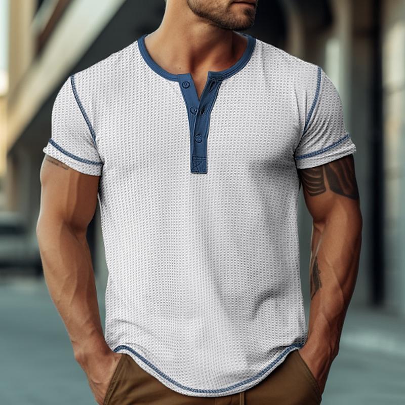 Men's Waffle Henley Collar Color Block Short Sleeves T-shirt 47068701Y