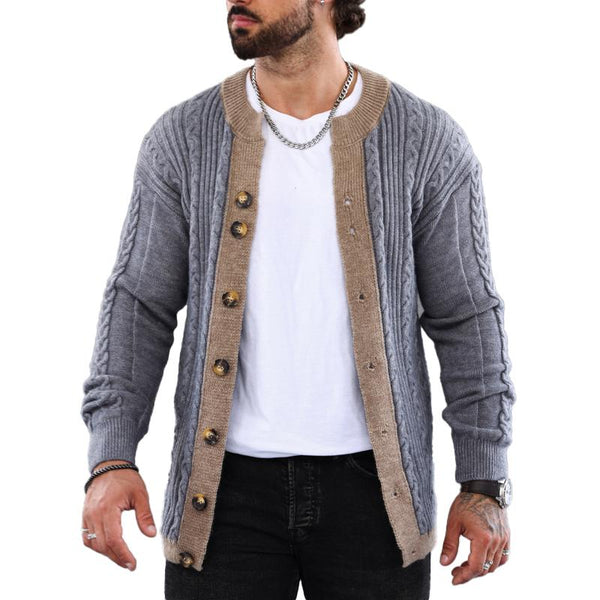 Men's Retro Colorblock Crewneck Knit Cardigan Jacket 70407018X