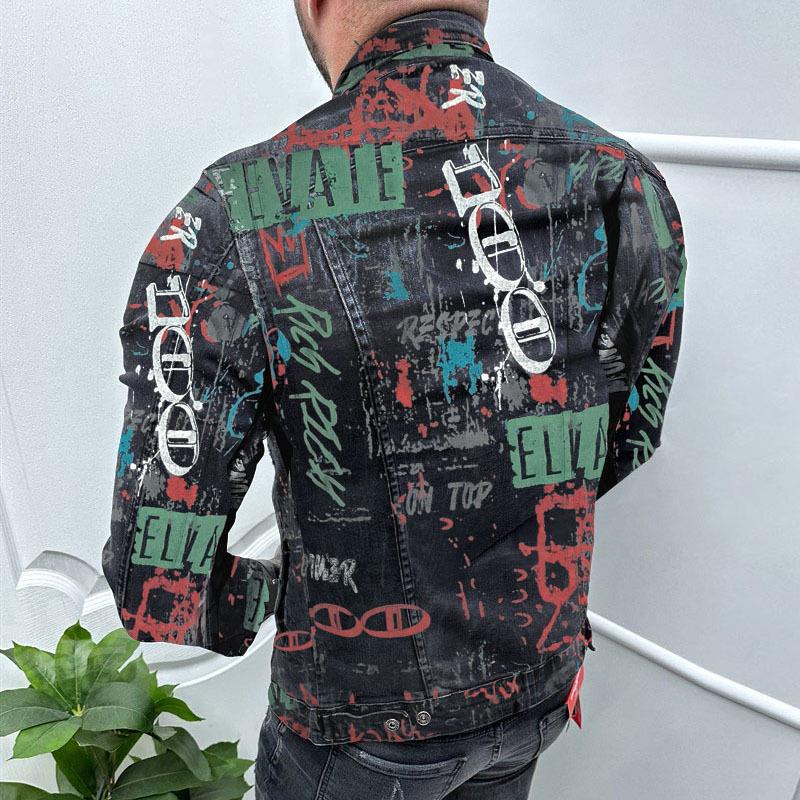 Men's Vintage Print Denim Lapel Jacket 46849810X