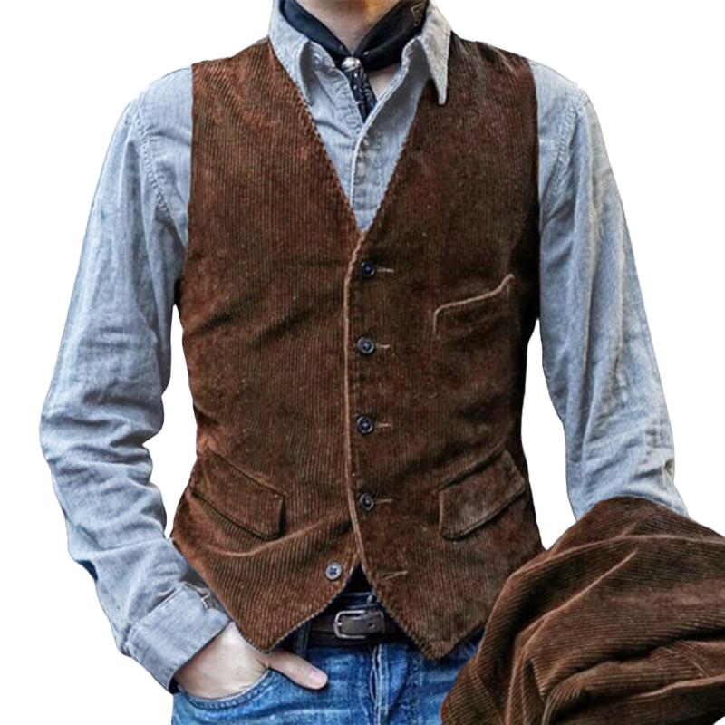 Gilet de costume multi-poches en velours côtelé vintage pour homme 18592365Y