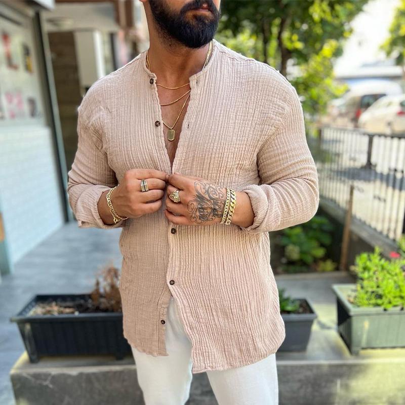 Men's Casual Solid Color Pleated Round Neck Long Sleeve Shirt 28177484Y