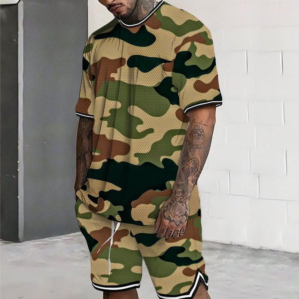 Men's Retro Casual Camouflage Short-sleeved Two-piece Set 81890579TO