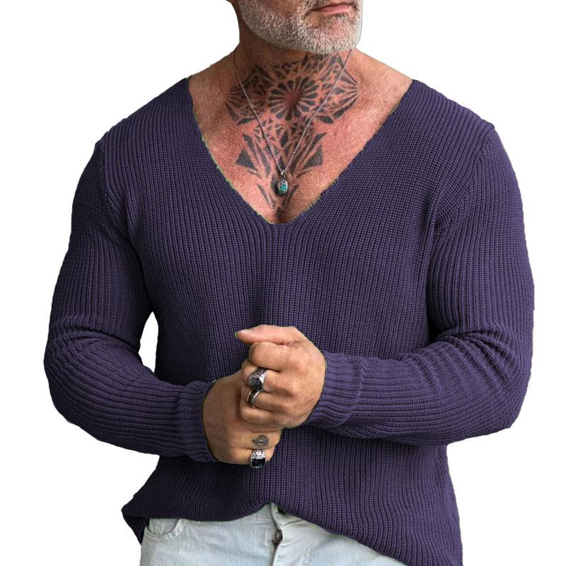 Men's Casual Solid Color V-Neck Pullover Knitted Sweater 53693589M
