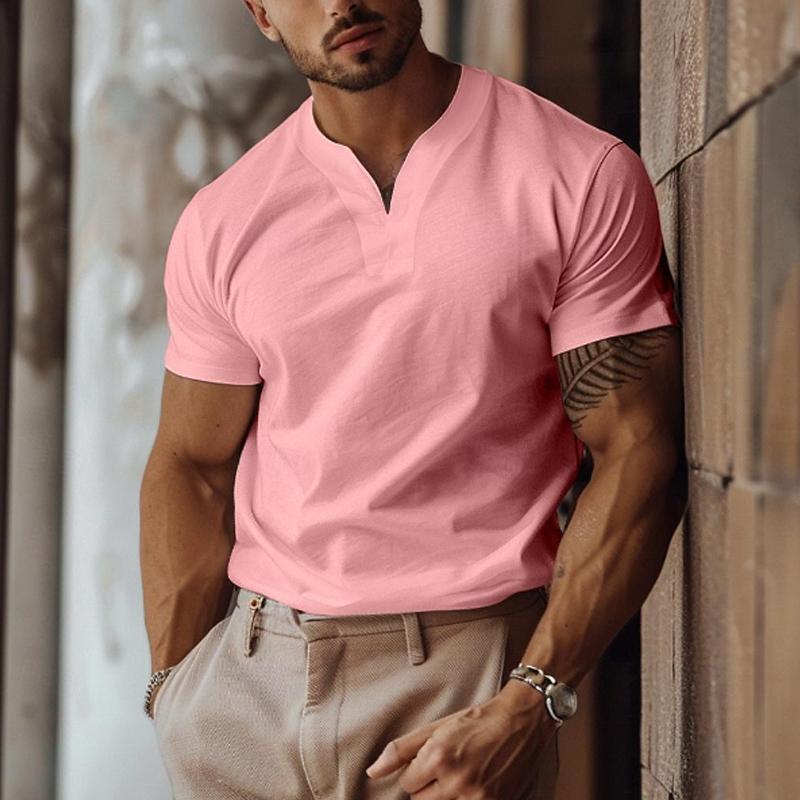 Men's Solid Color Elastic V-Neck Slim Fit Short-Sleeved T-Shirt 68172151Y