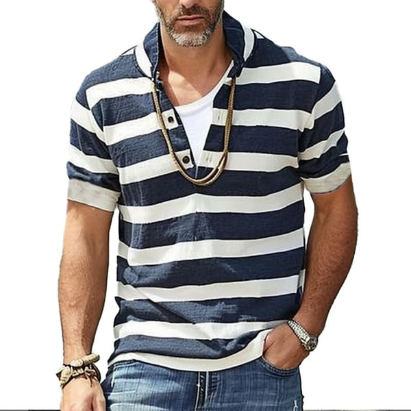 Men's Striped Henley Collar Short Sleeve T-Shirt 44432865Y