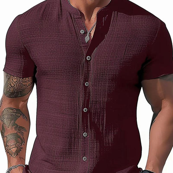 Men's Casual Cotton Linen Stand Collar Slim-Fit Short-Sleeved Shirt 62599823M