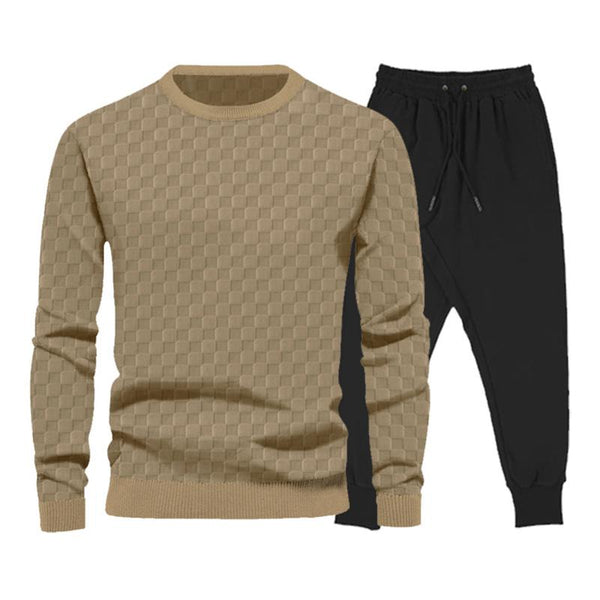 Men's Casual Round Neck Checkerboard Loose Sweatshirt Solid Color Sweatpants Set 82911652M