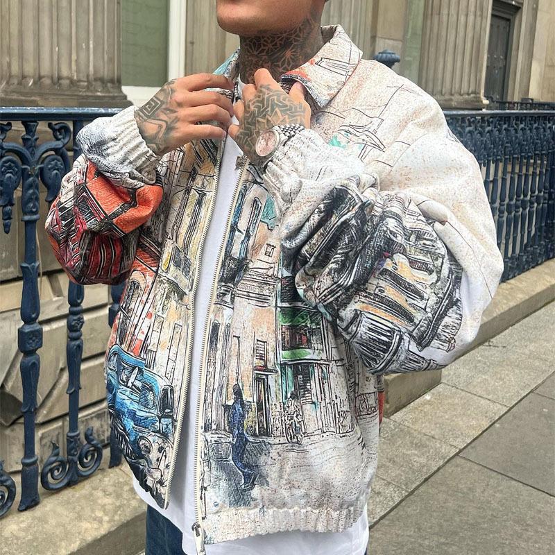 Men's Graffiti Lapel Loose Zipper Jacket 88502274Z