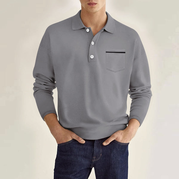 Men's Casual Lapel Patch Pocket Long Sleeve Polo Shirt 34868691M