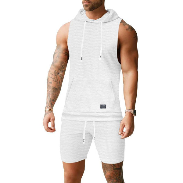 Men's Solid Color Jacquard Knitted Hooded Sleeveless Vest Shorts Two-piece Set 96326009X