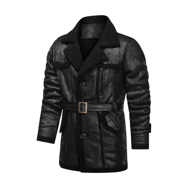 Men's Vintage Solid Color Multi-Pocket Lapel Warm Shearling Coat 56482380Y