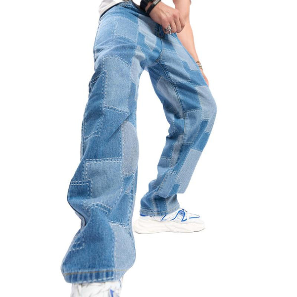 Men's Vintage Plaid Loose Wide Leg Pants Floor Mopping Jeans 10203806X