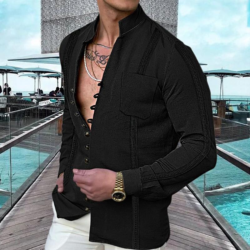 Men's Casual Solid Color Button Breast Pocket Long Sleeve Shirt 47920593Y