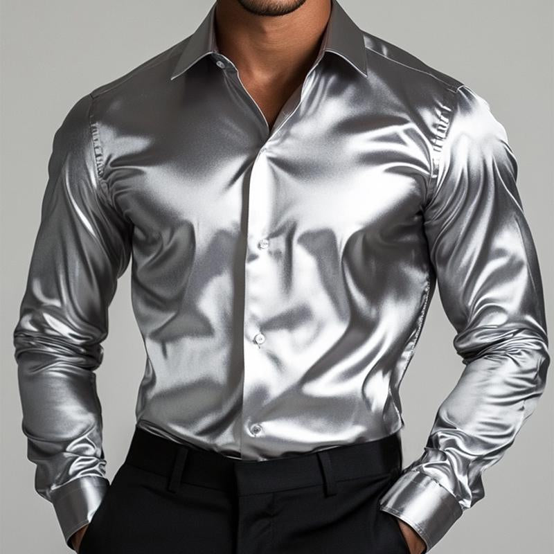 Men's Vintage Silver Satin Loose Long Sleeve Shirt 27737090U