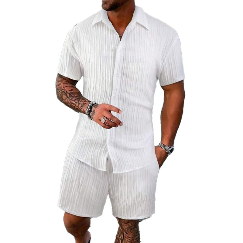 Men's Solid Color Striped Lapel Short Sleeve Shorts Casual Set  63428764X