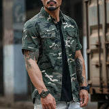 Men's Casual Outdoor Camouflage Lapel Flap Pocket Short Sleeve Cargo Shirt 62878988M