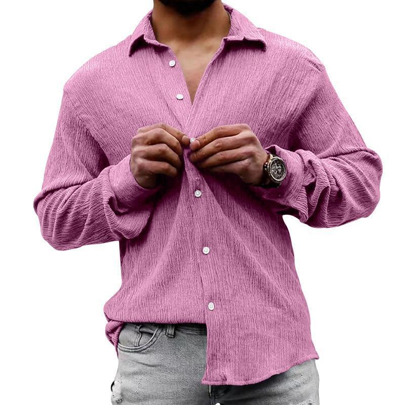 Men's Solid Loose Linen Lapel Long Sleeve Shirt 01526129Z