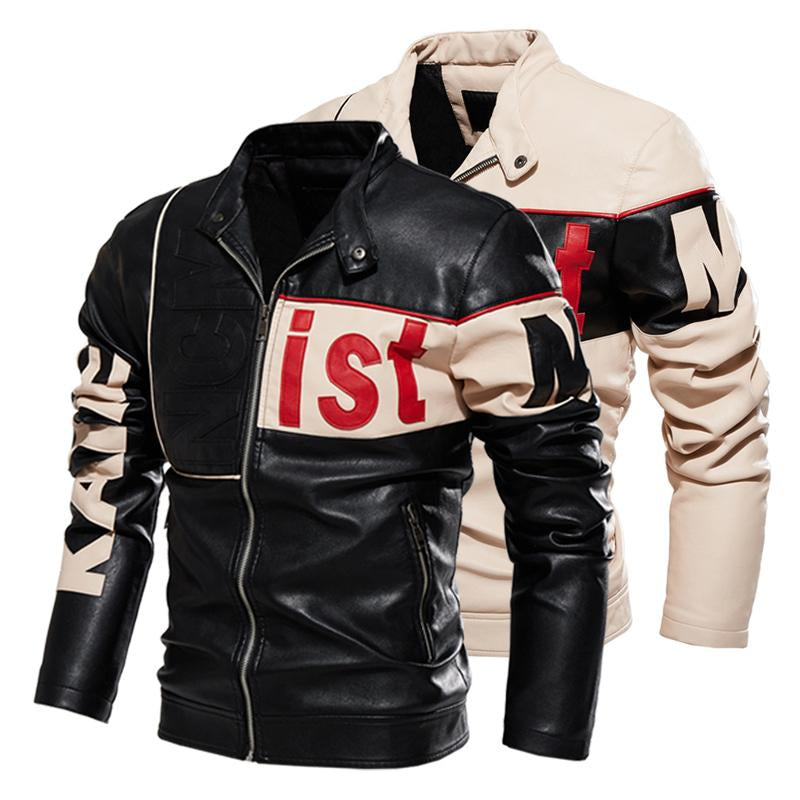 Men's Color Block Plus Velvet PU Motorcycle Leather Jacket 38422182U