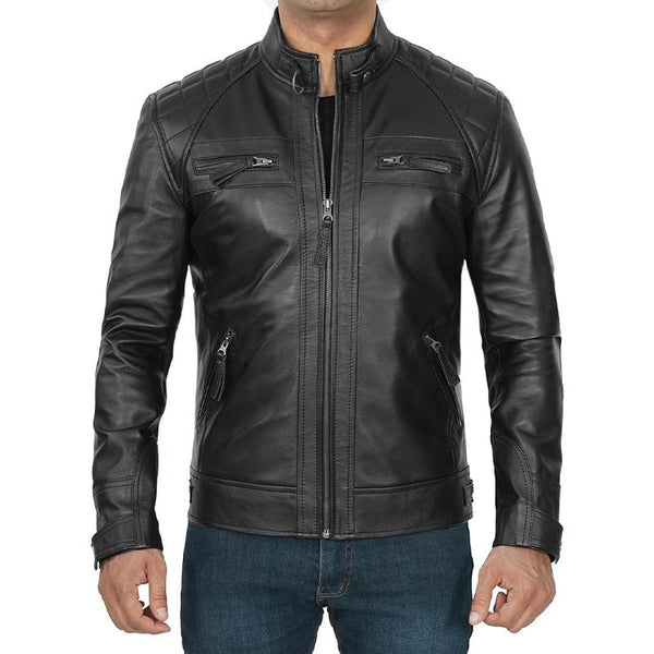 Men's Quilted Panel Zip-Up Leather Jacket 39192184X