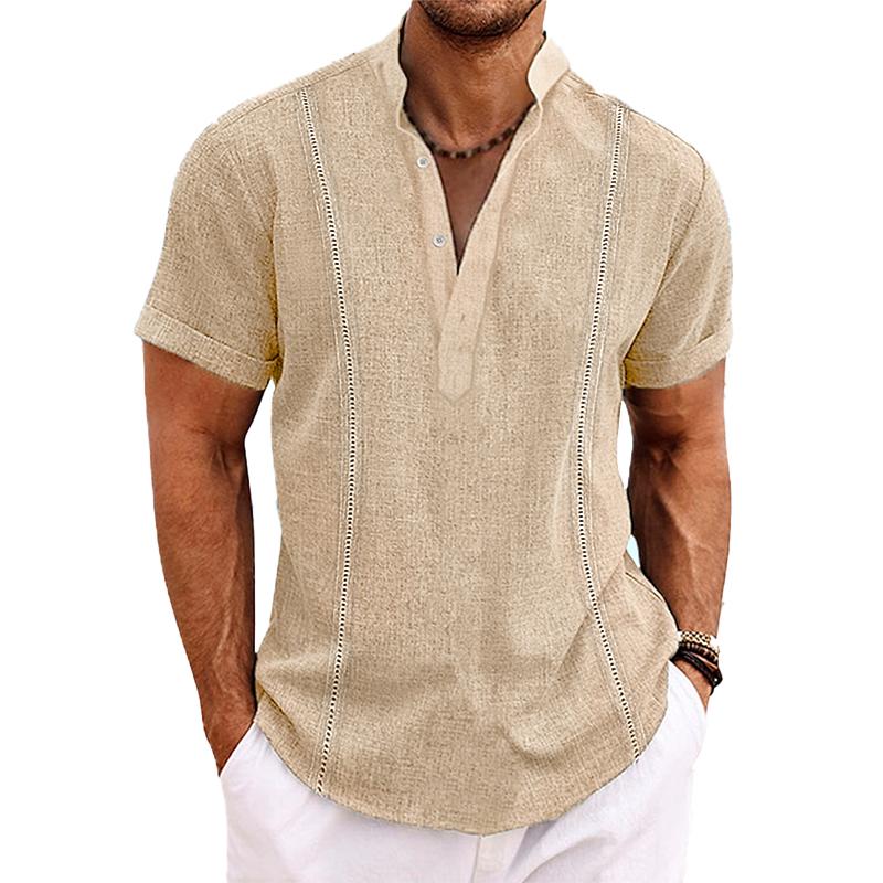 Men's Solid Color Patchwork Stand Collar Short-sleeved Shirt 28223830X