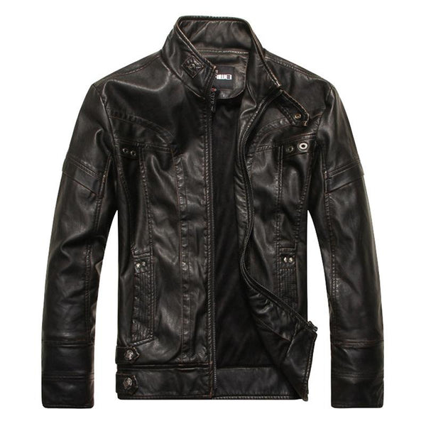 Men's Vintage Stand Collar Zipper Leather Jacket 74806084U