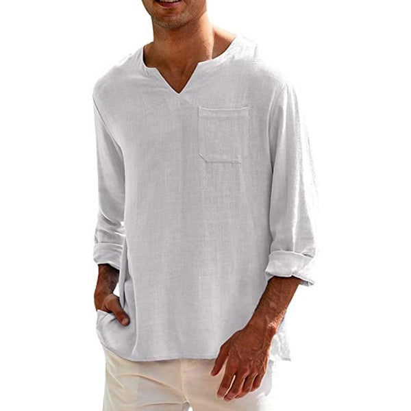 Men's Solid Color Long Sleeve V Neck Casual Beach Linen Shirt 38636263X