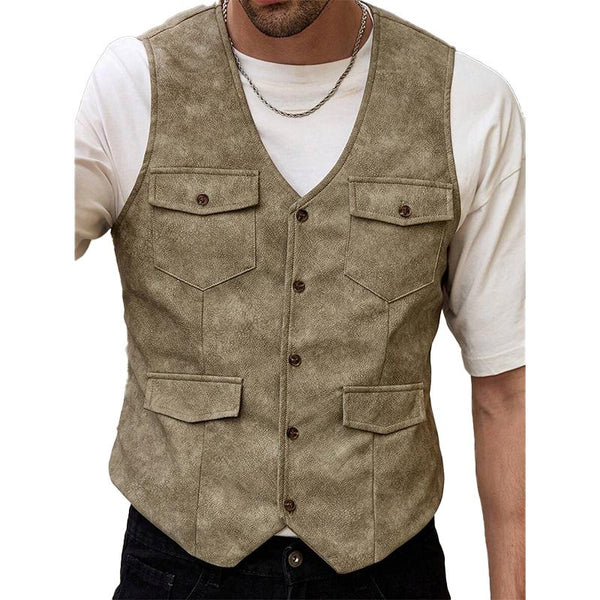 Men's Casual V-Neck Button Leather Vest 00710360X