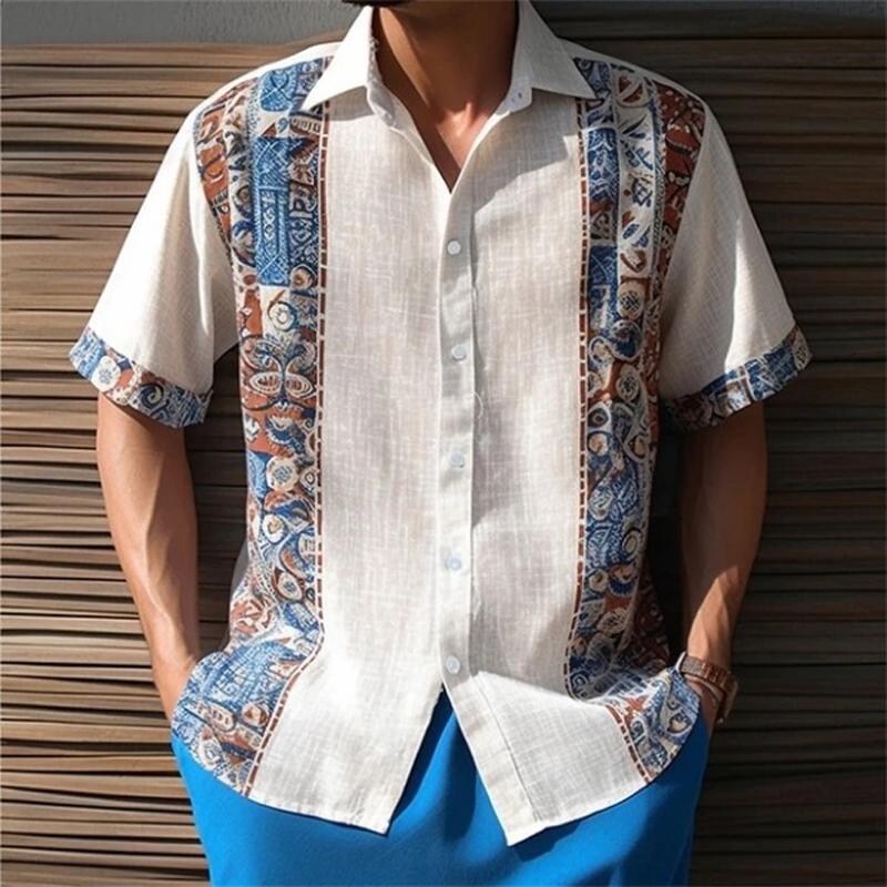 Men's Printed Slub Loose Short Sleeve Shirt 66911694X