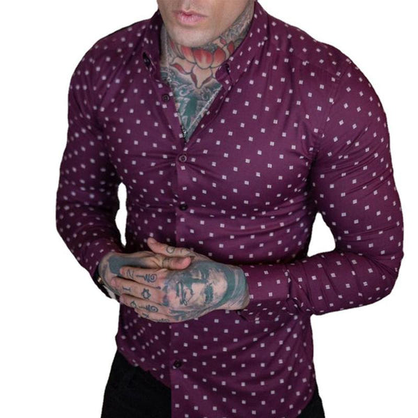 Men's Lapel Geometric Print Long-sleeved Shirt 07666548X