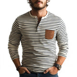 Men's Casual Striped Henley Collar PU Patch Pocket Slim Fit T-Shirt 38528326M