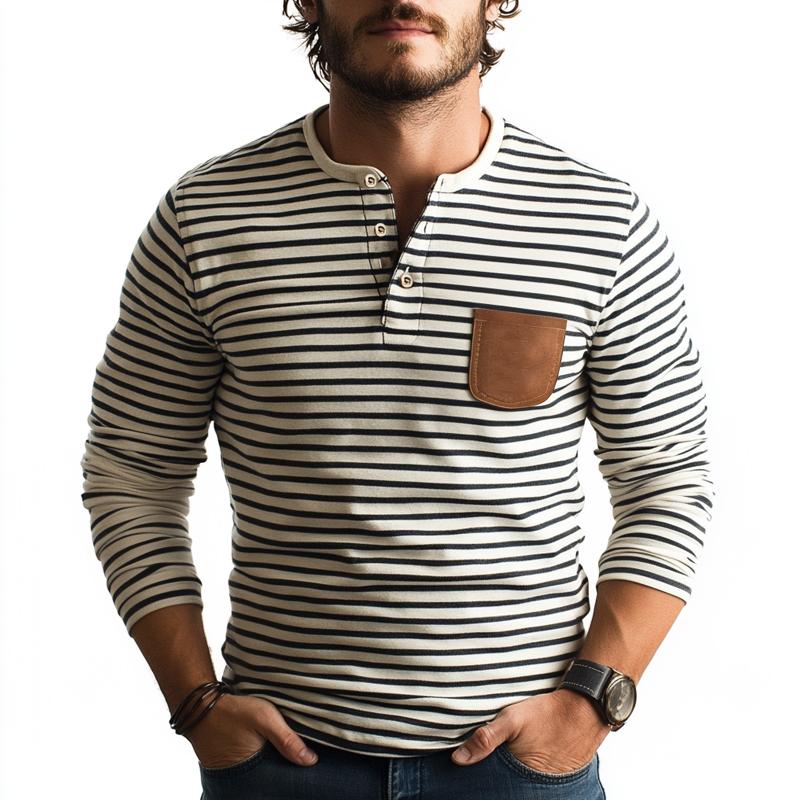 Men's Casual Striped Henley Collar PU Patch Pocket Slim Fit T-Shirt 38528326M