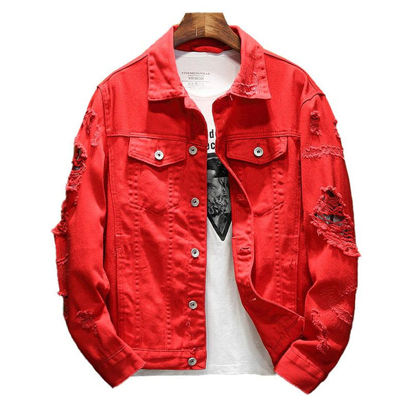 Men's Fashion Solid Color Ripped Loose Lapel Single Breasted Denim Jacket 71777939M
