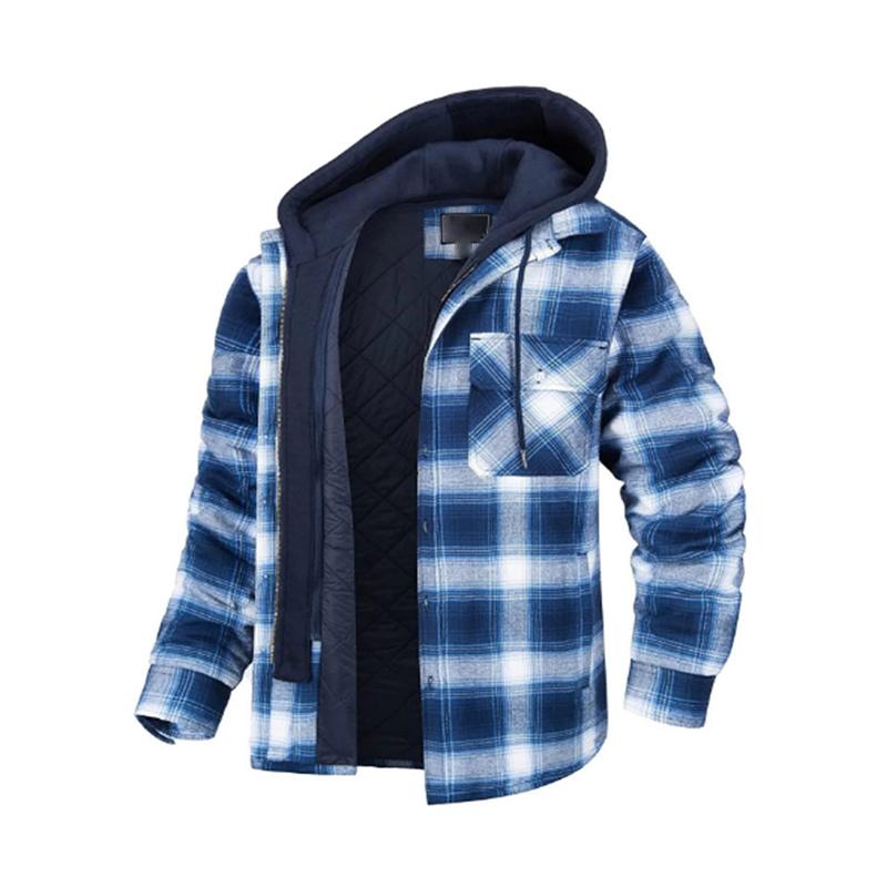 Men's Classic Casual Hood With Detachable Thick Cotton Plaid Zipper Hooded Jacket 72118581K