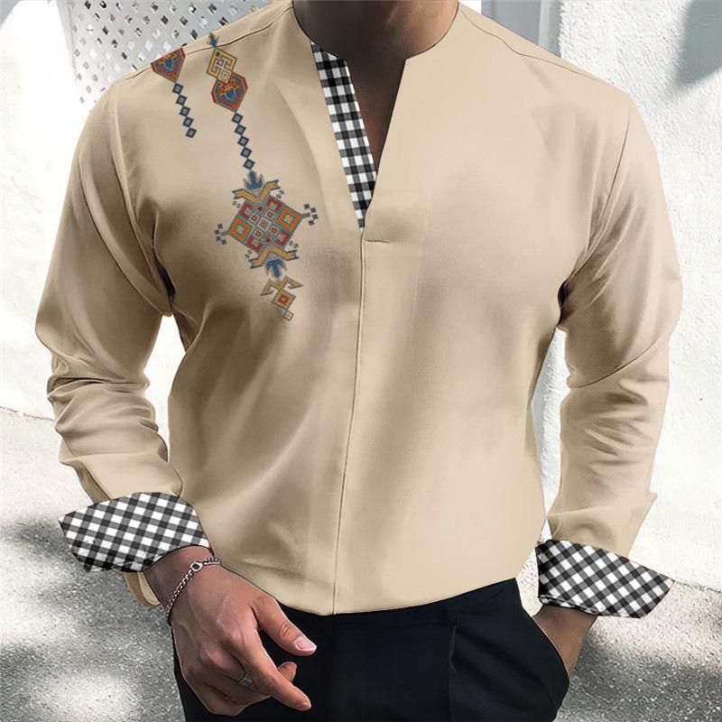 Camisa de manga larga con cuello en V y estampado étnico con costuras a cuadros para hombre 80938945Z