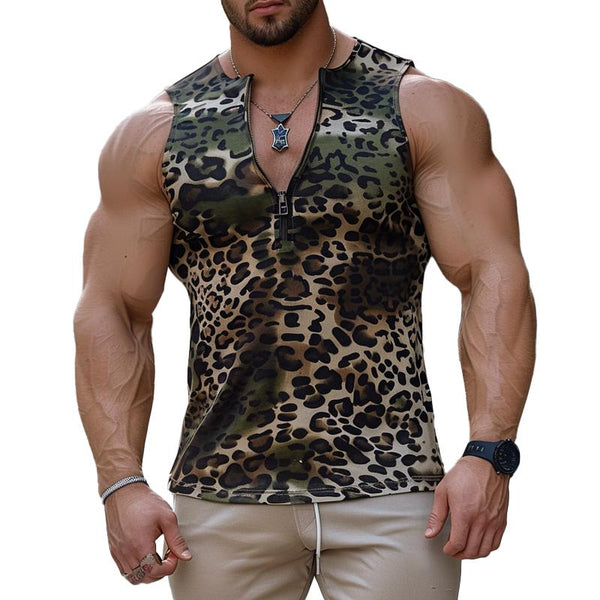 Men's Vintage Leopard Print Zip Collar Tank Top 98905211M