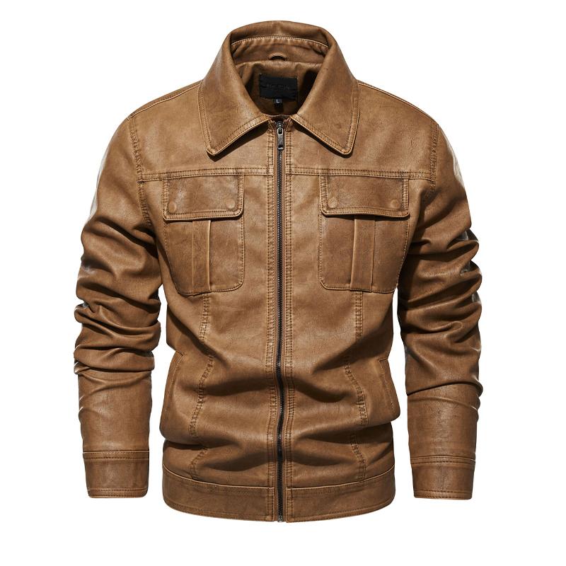 Men's Vintage Solid Color Double Breast Pockets Lapel Leather Jacket 33879944Y