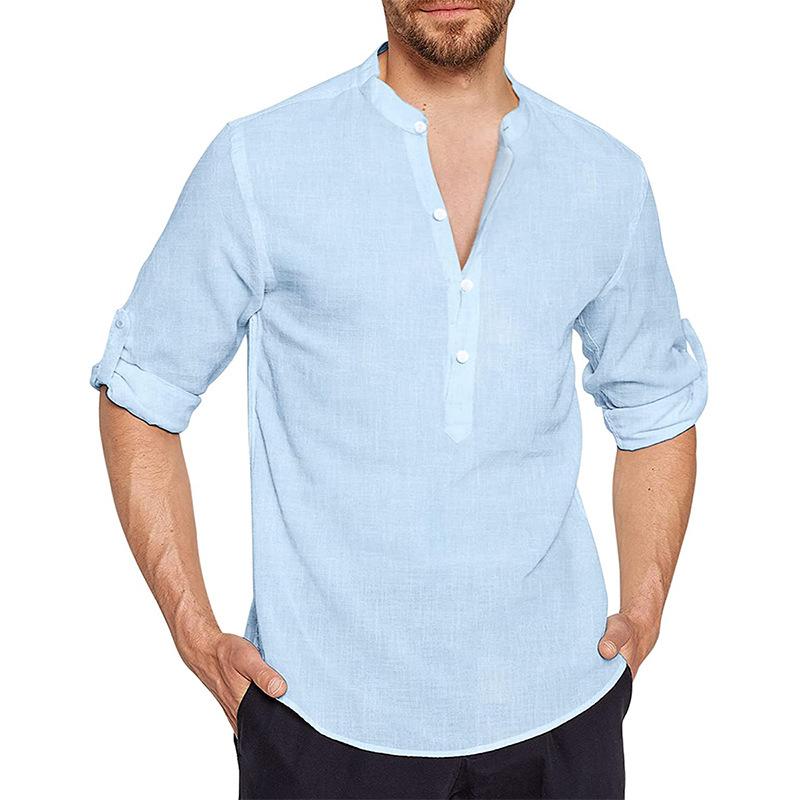 Men's Cotton And Linen Henley Collar Long Sleeve Shirt 61808860Z