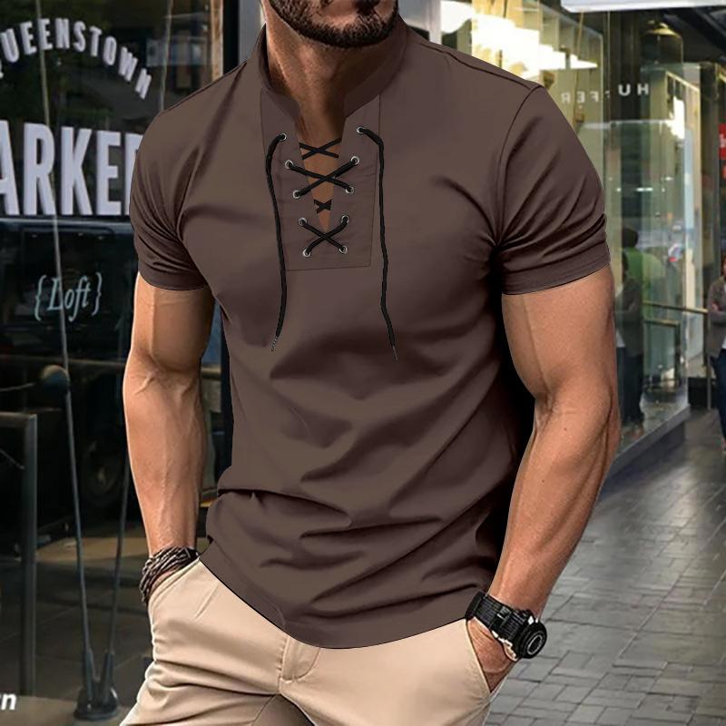 Men's Solid Color Lace-up V Neck Short Sleeve T-shirt 79653773Z