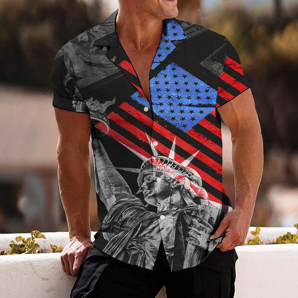 Men's Casual Liberty American Flag Lapel Print Shirt 92701781TO