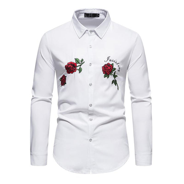 Men's Fashion Rose Embroidery Casual Lapel Long Sleeve Shirt 65312490X